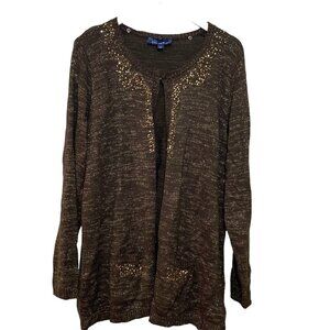 Susan Graver Cardigan Large Womens Sweater Brown Gold Metallic Knit Sequins